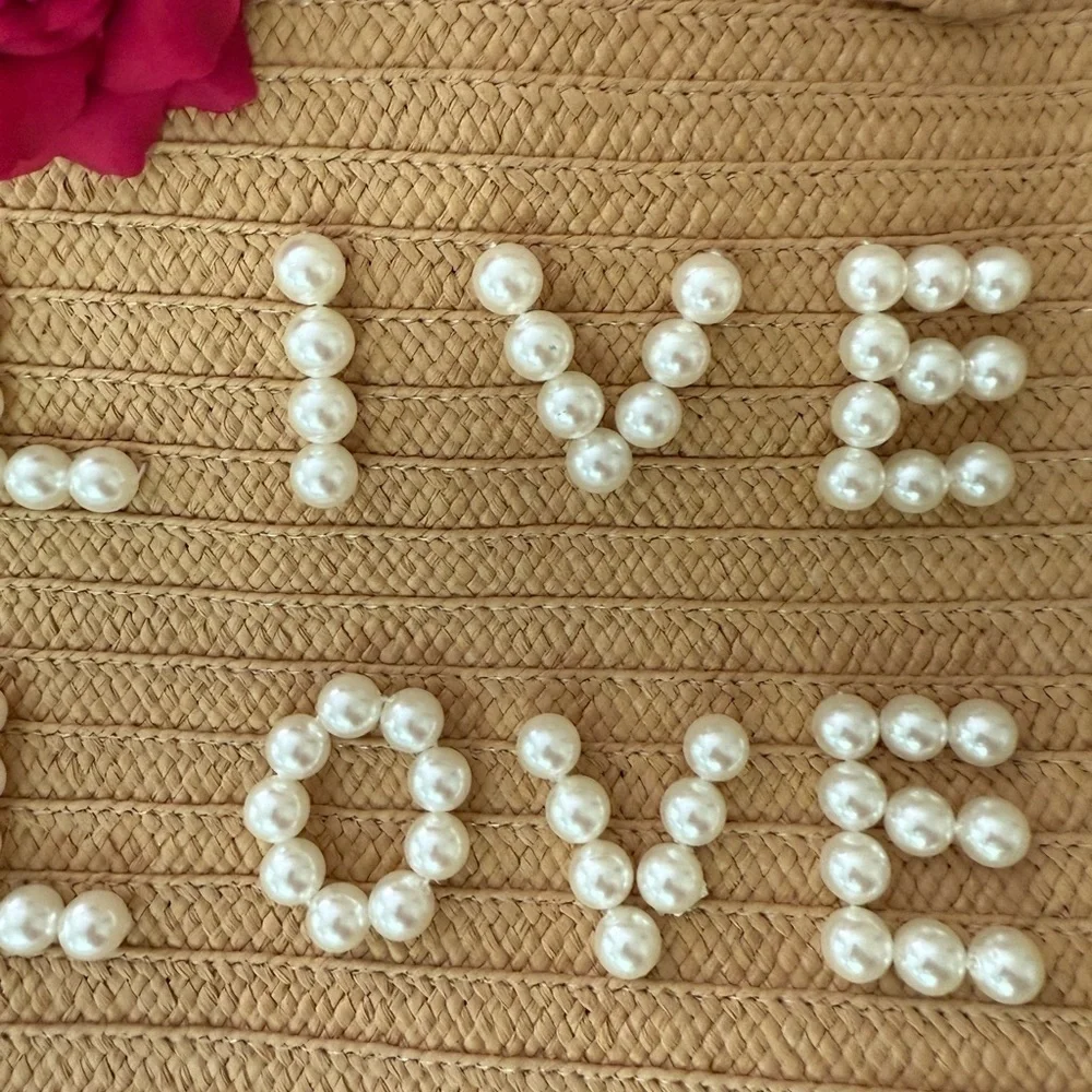 Straw Tote Bag Pearl Lettering Floral Accent